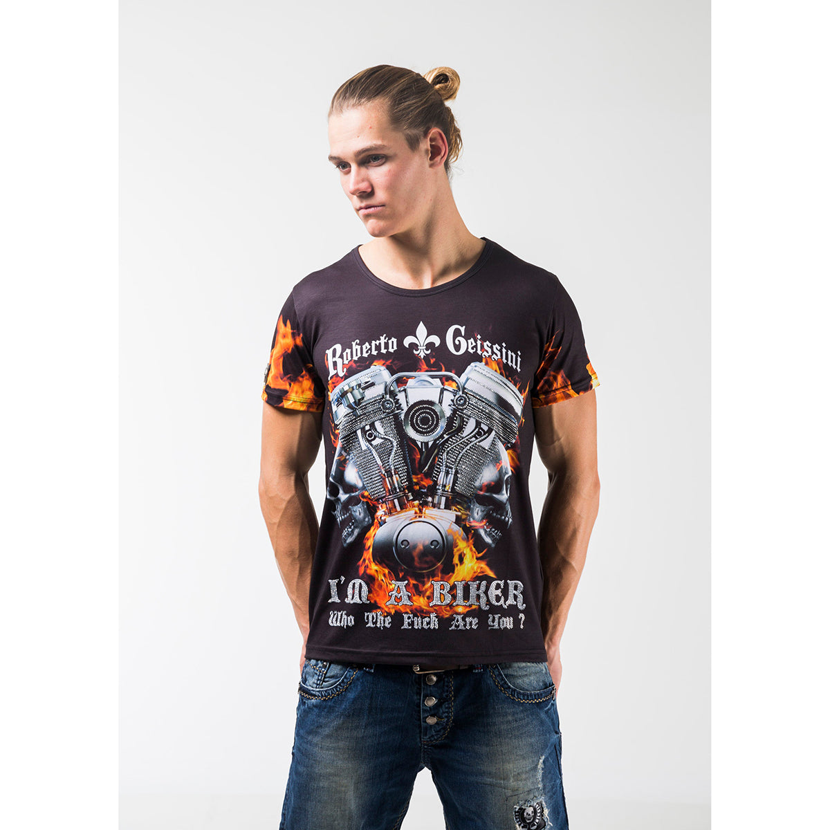 T Shirt Men with Motorcycle Print in Biker Style Roberto Geissini