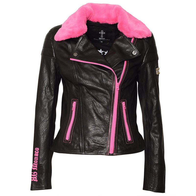 Alla Lederjacke Schwarz Pink